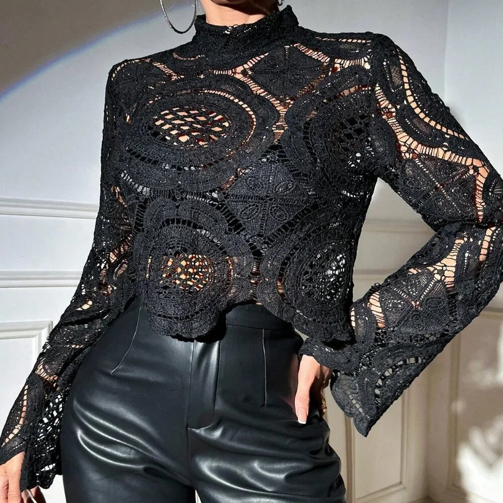 Black Casual Women's Sexy Cut Out Lace See-Through Flare Sleeve Blouse - Picture 4 of 6